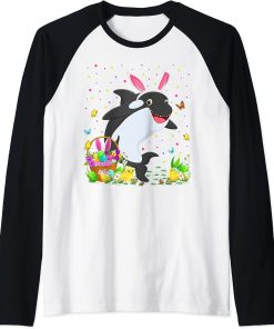 Easter Orca Fish Bunny Egg Hunting Orca Easter Sunday Raglan Baseball Tee