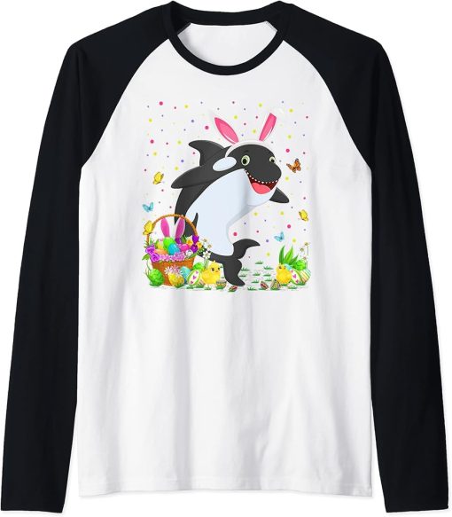 Easter Orca Fish Bunny Egg Hunting Orca Easter Sunday Raglan Baseball Tee