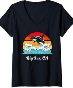 Womens Vintage Big-Sur CA Distressed Orca Killer Whale Art V-Neck T-Shirt