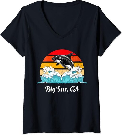 Womens Vintage Big-Sur CA Distressed Orca Killer Whale Art V-Neck T-Shirt